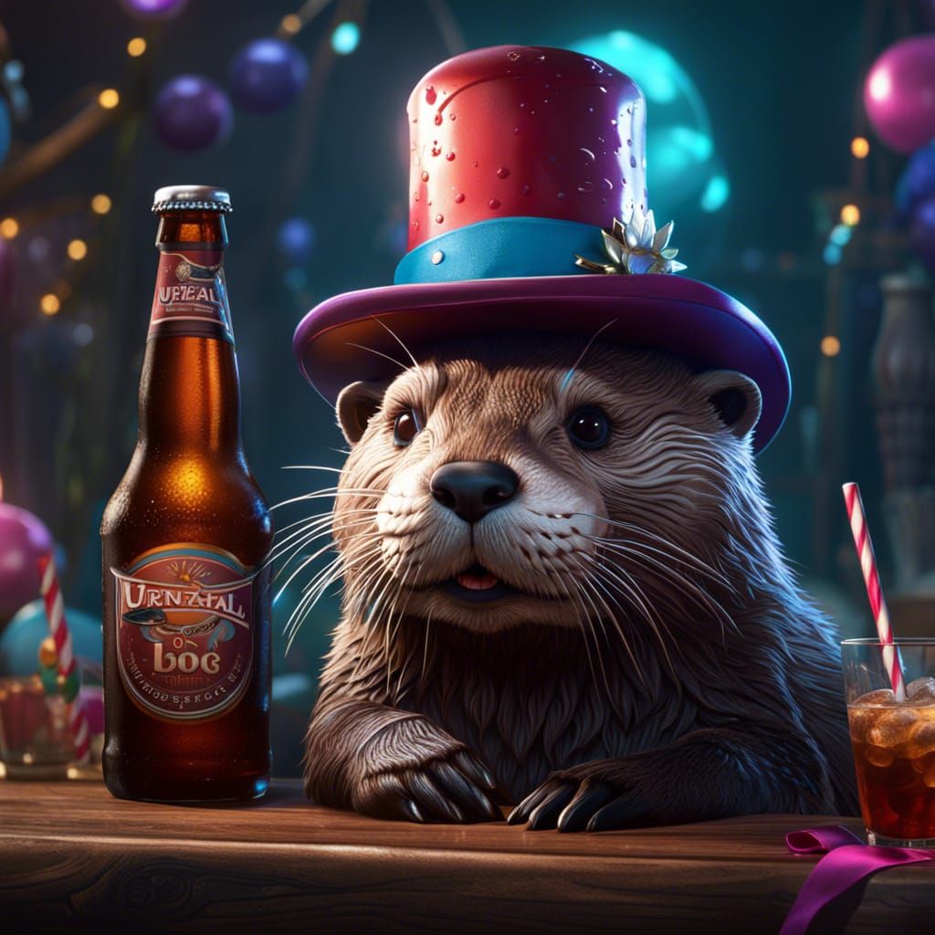 Otter Celebrates with Rootbeer in Detailed Painting