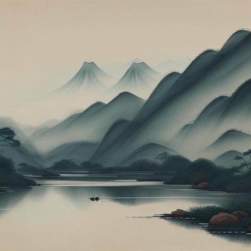 Serene Chinese Landscape with Calligraphy in Traditional Sty...