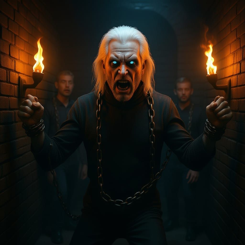 Furious White-Haired Deity Breaking Free From Chains