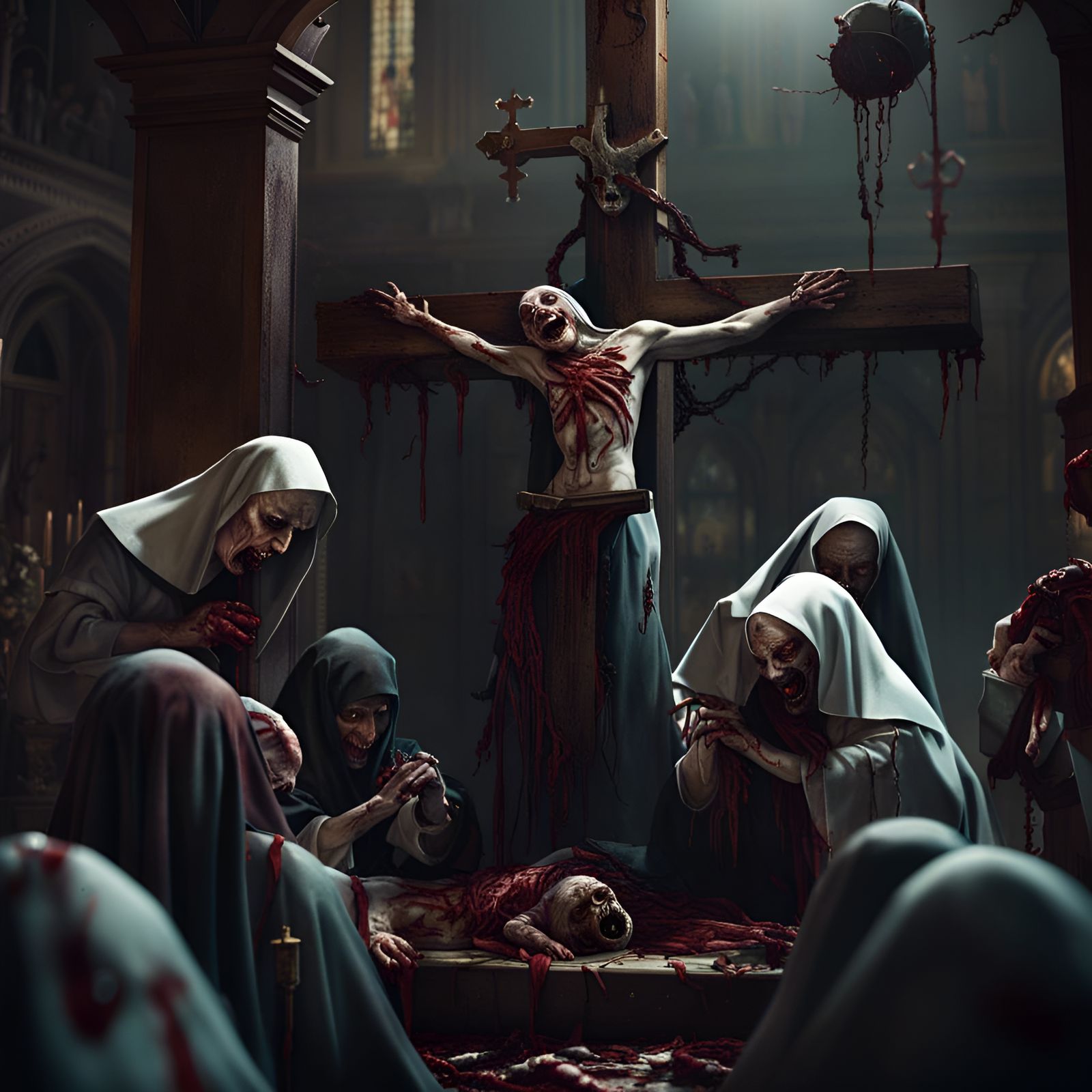 Demonic Nuns Vomiting Zombie Babies: Detailed Matte Painting