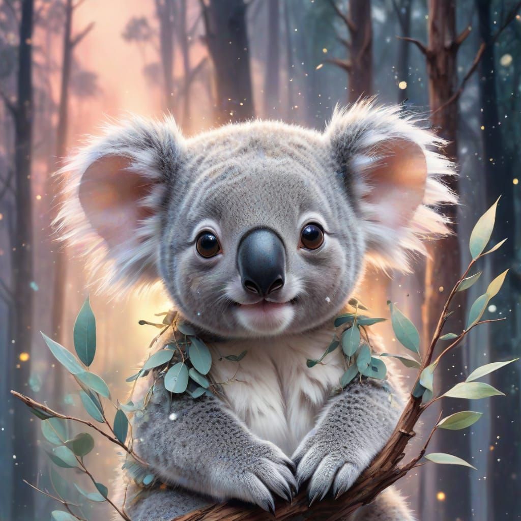 Kawaii Koala in Twilight Forest Illustration