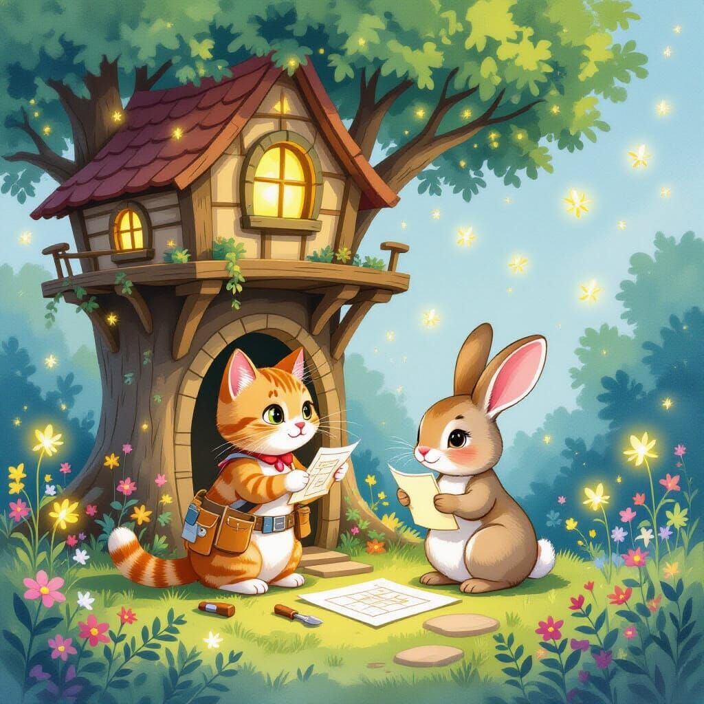 Cat and Rabbit Build Enchanted Treehouse with Fireflies