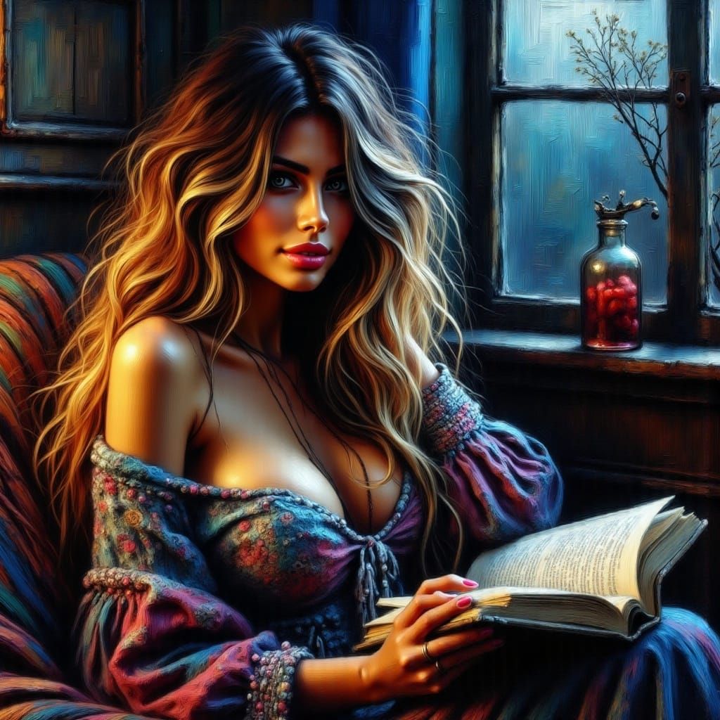 Impressionistic Portrait of Woman Reading at Night