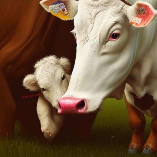 Small white calf licking mother cow.