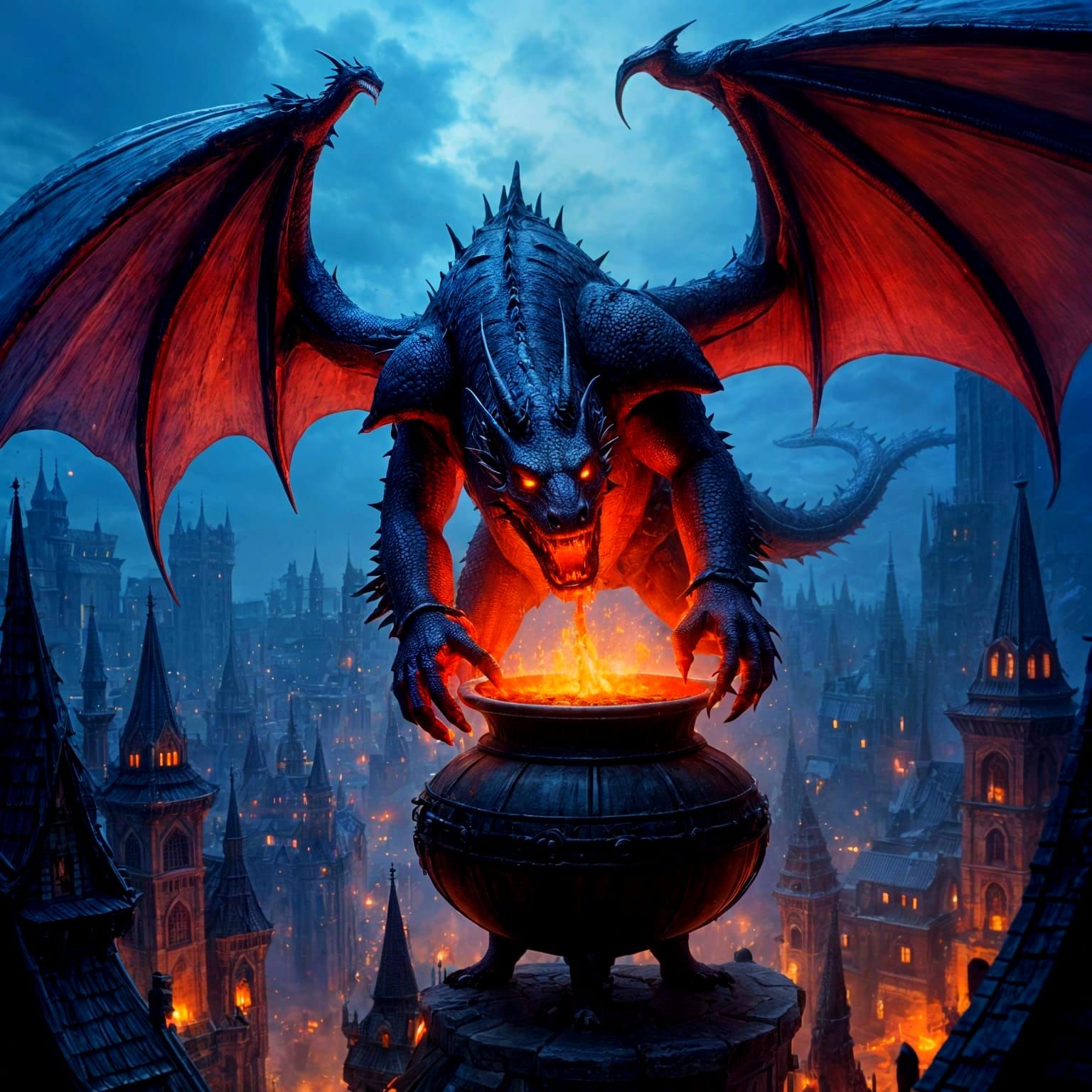 Dragon Pouring Lava Over Medieval City