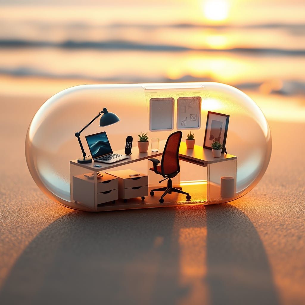 Miniature Office in Pill Capsule: Hyper-Realistic Rendering