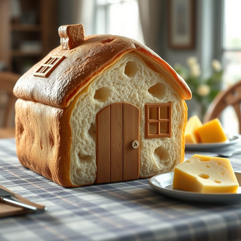 Realistic House-Shaped Bread Loaf on Breakfast Table