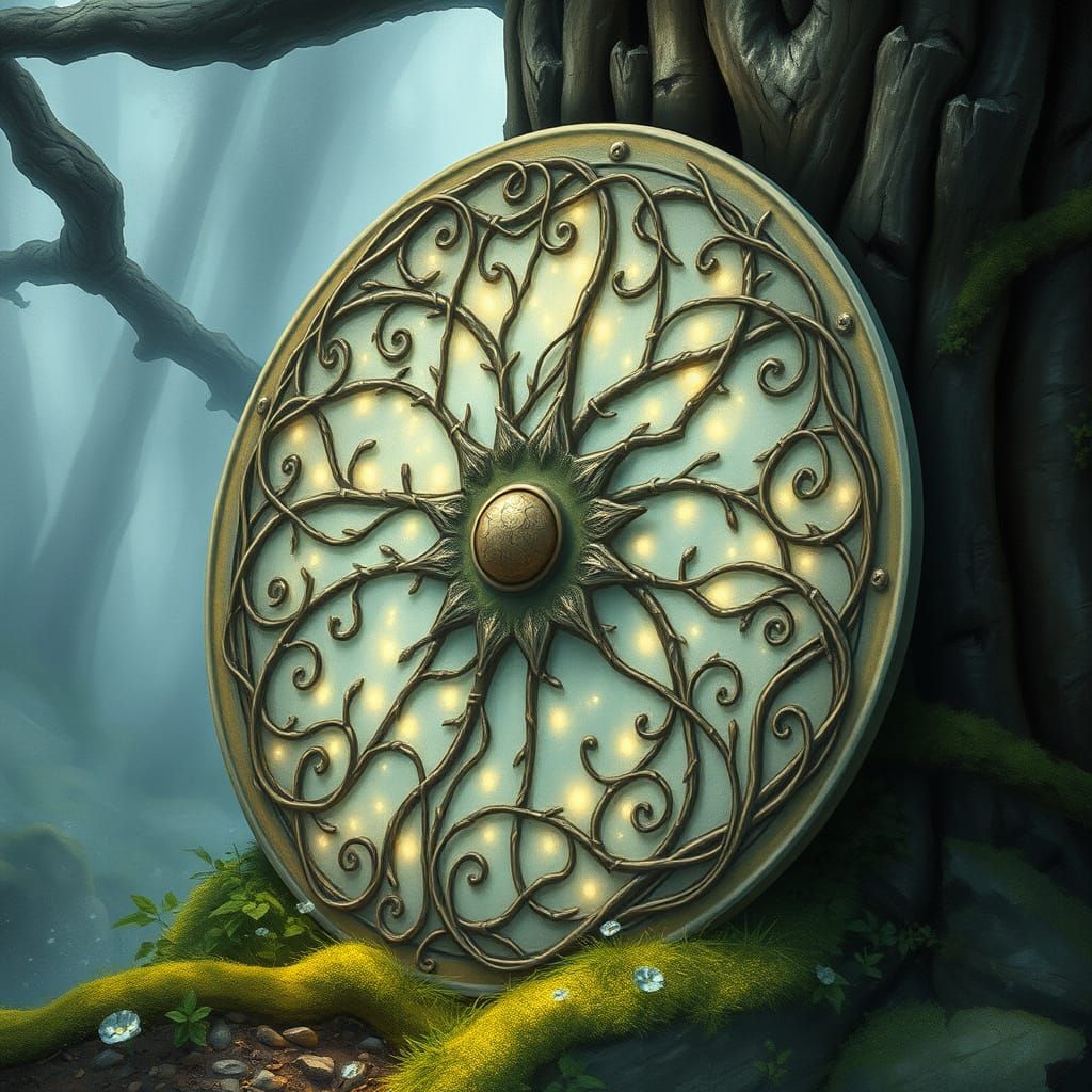Ethereal Elven Shield Adorned with Vines in a Dreamlike Wood...