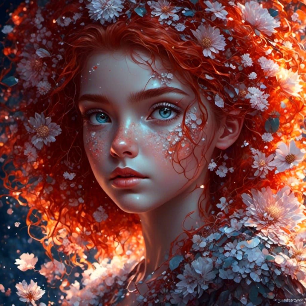 red-haired girl with flowers