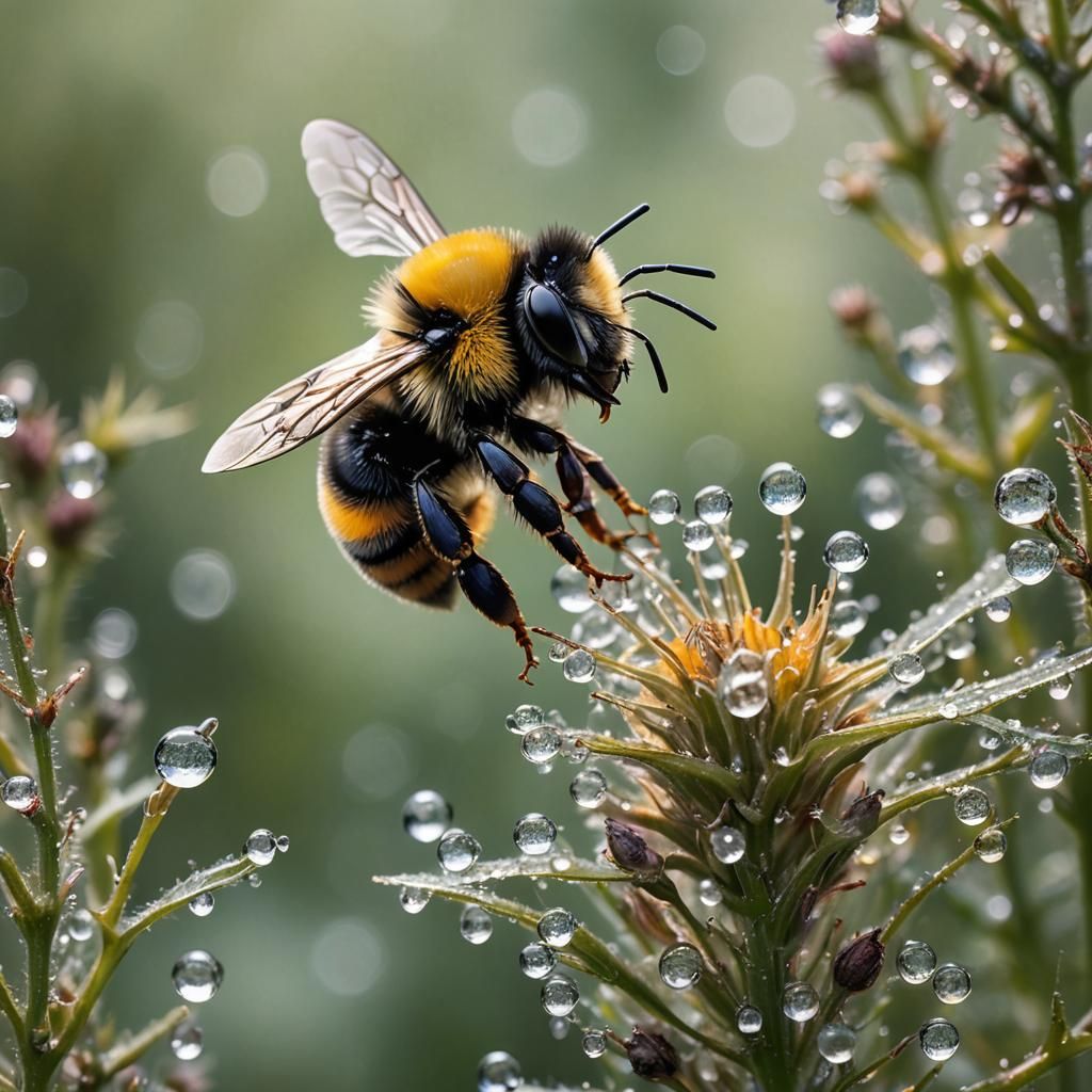 Macro Bumble Bee in Flight with Blurred Wings