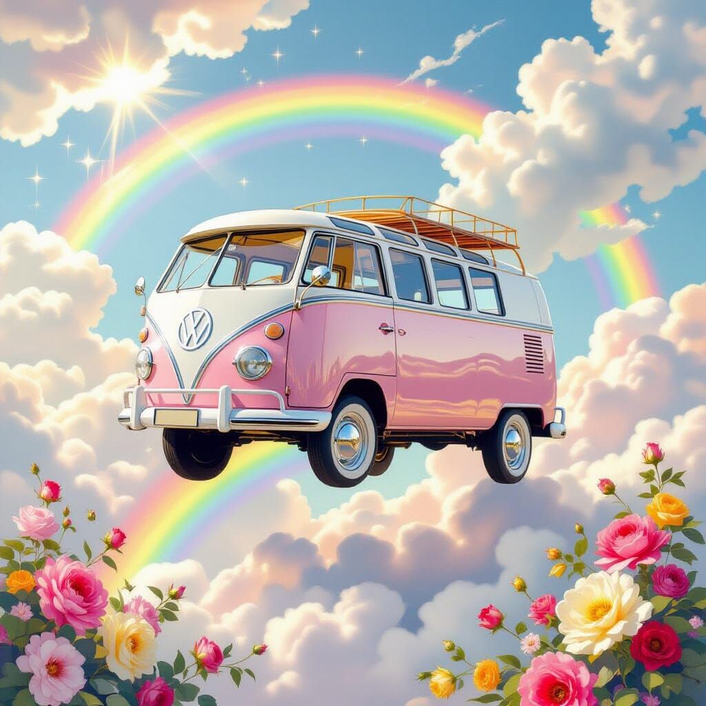 Retro Van Floating Over Rainbow in Metamodern Style