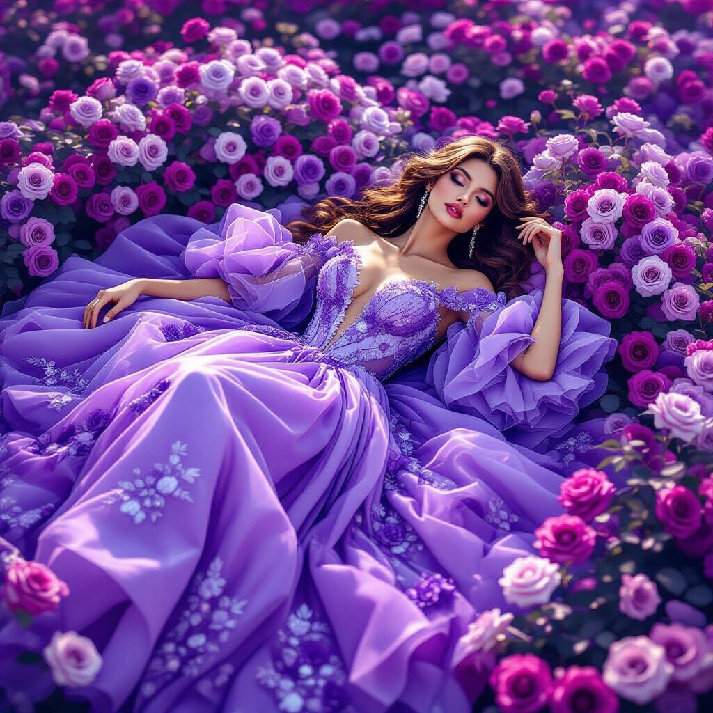 Fashion Model in Violet Rose Garden: Digital Art