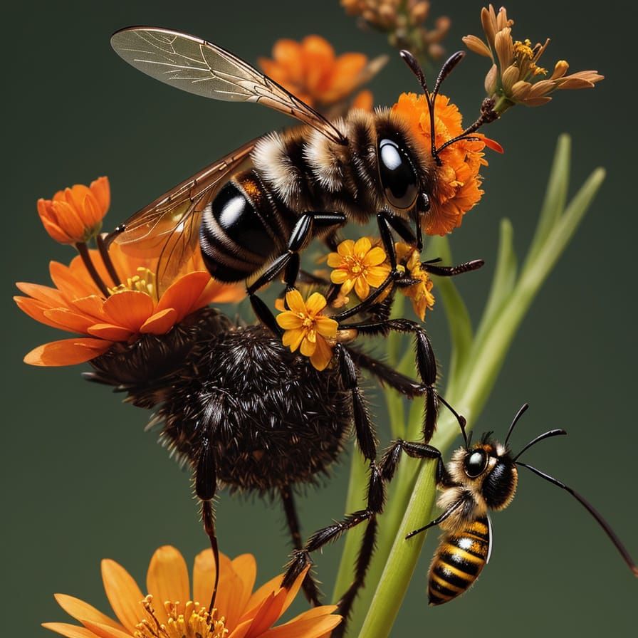 Supercute Tiny Bee on Orange Flower Bud