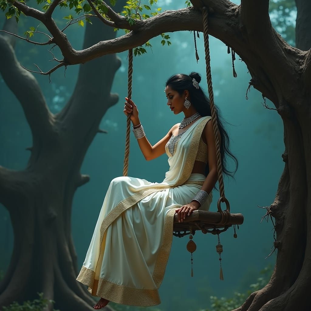 Mystical Indian Witch on Swing, Matte Painting Style