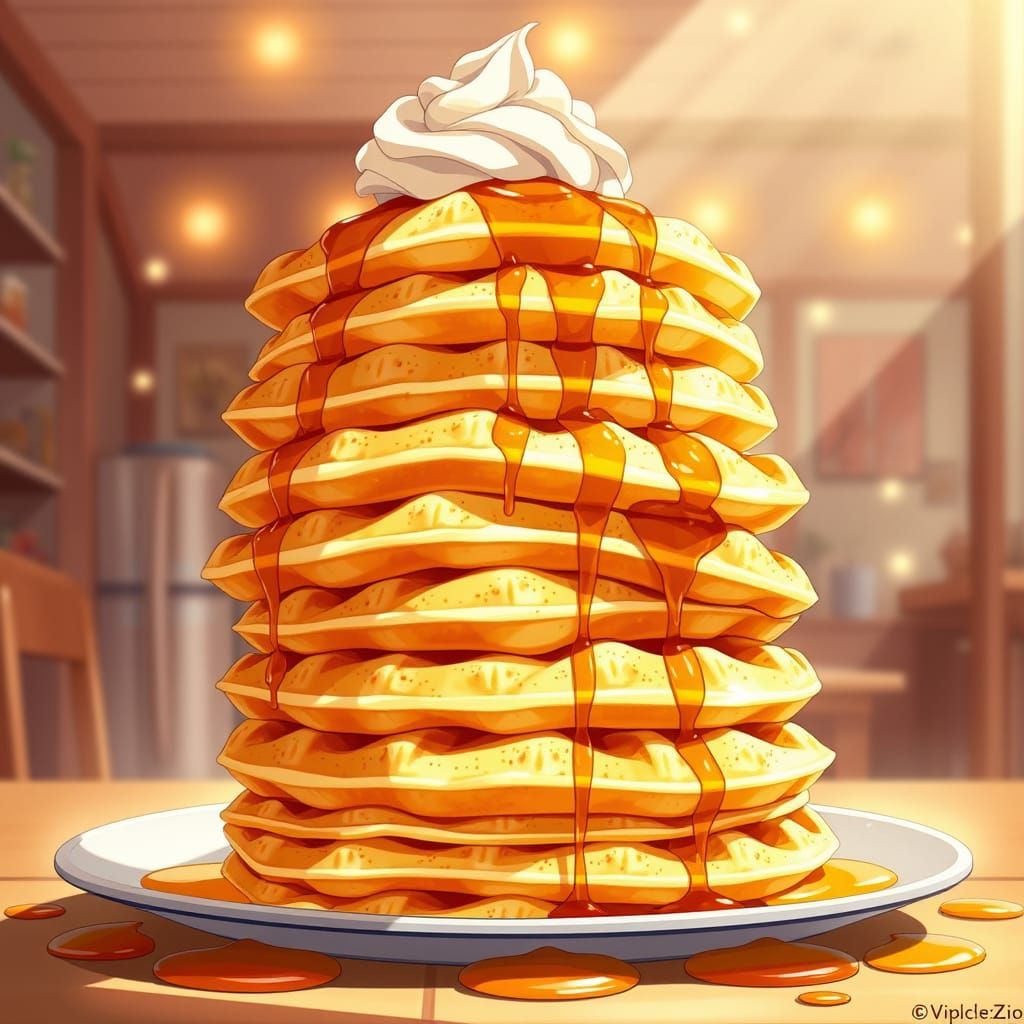 Vibrant Anime Breakfast Scene with Golden Waffles and Whippe...