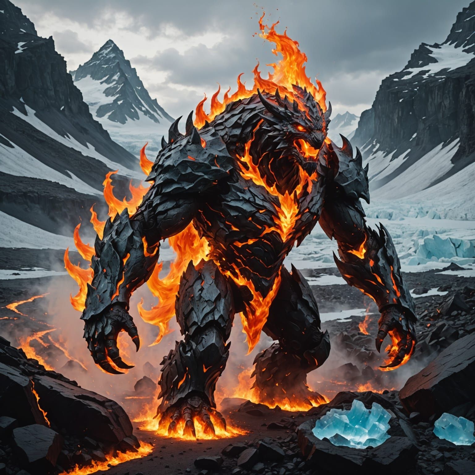 Lava Fire Elemental in Glacial Landscape