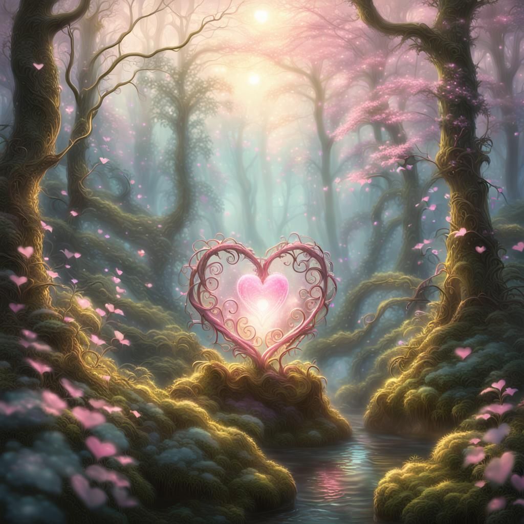 Glowing Pink Heart in Misty Forest, Kinkade Style