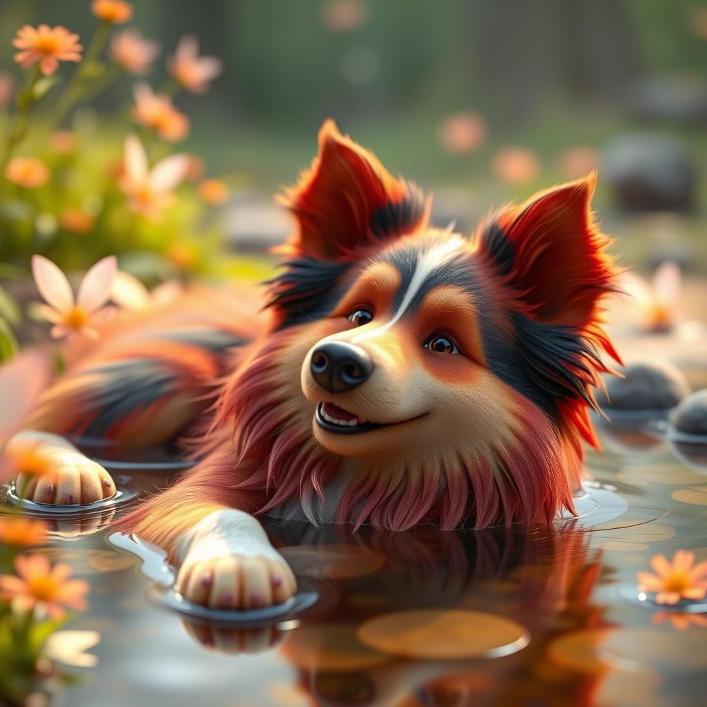 Fluffy Collie Dog in Enchanted Spring: 3D Game Art