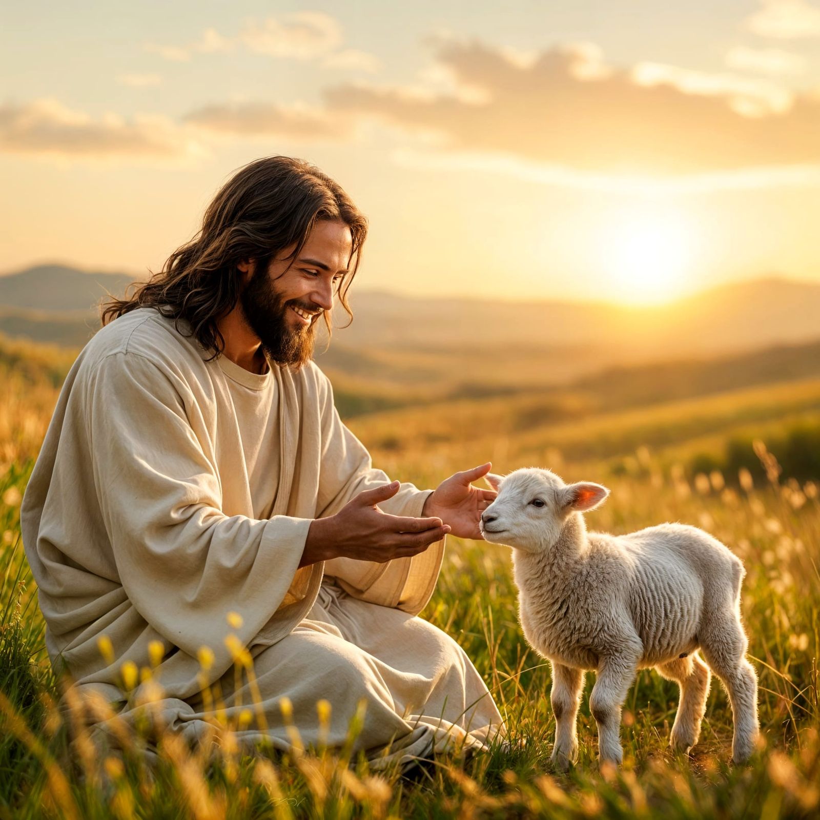 Photorealistic Jesus Reaches for a Lost Lamb