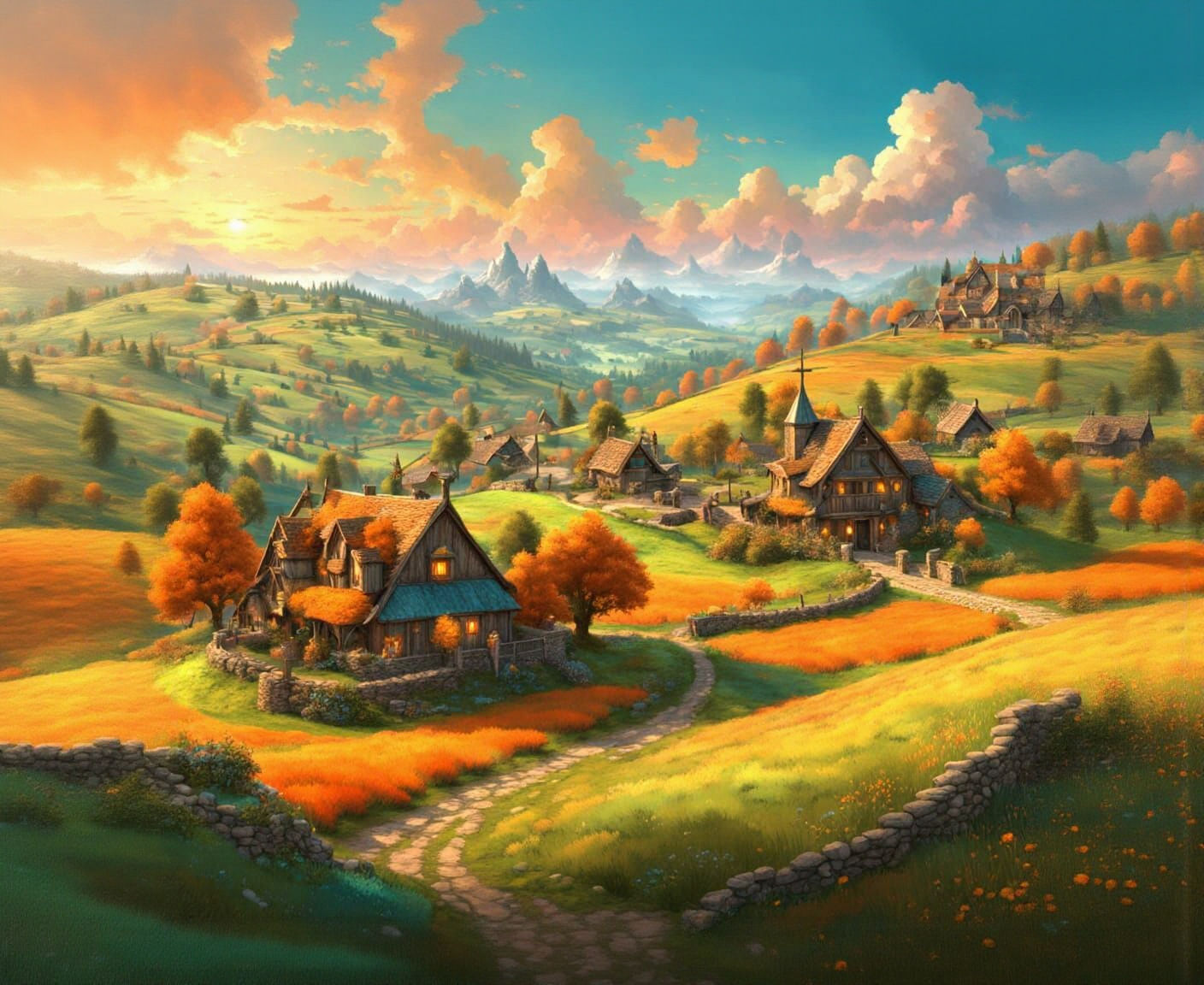 Lush Green Fields in Vivid Watercolor Landscape