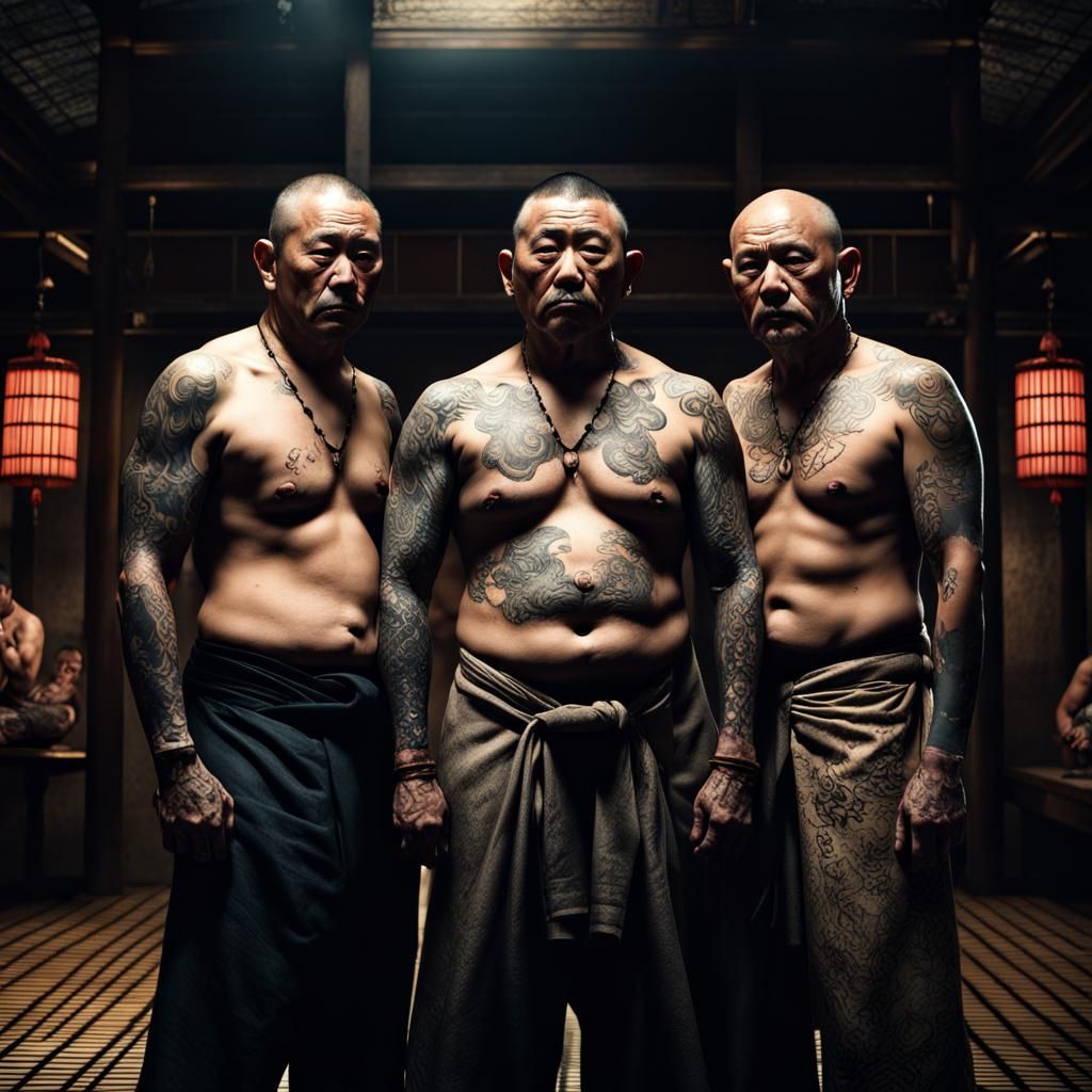 Yakuza Members in Bathhouse: Dark Cinematic Digital Art