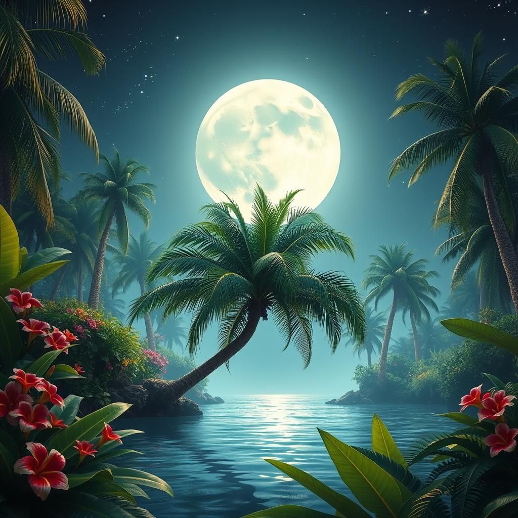 Moonlit Caribbean Oasis: Hyperrealistic Tropical Dreamscape