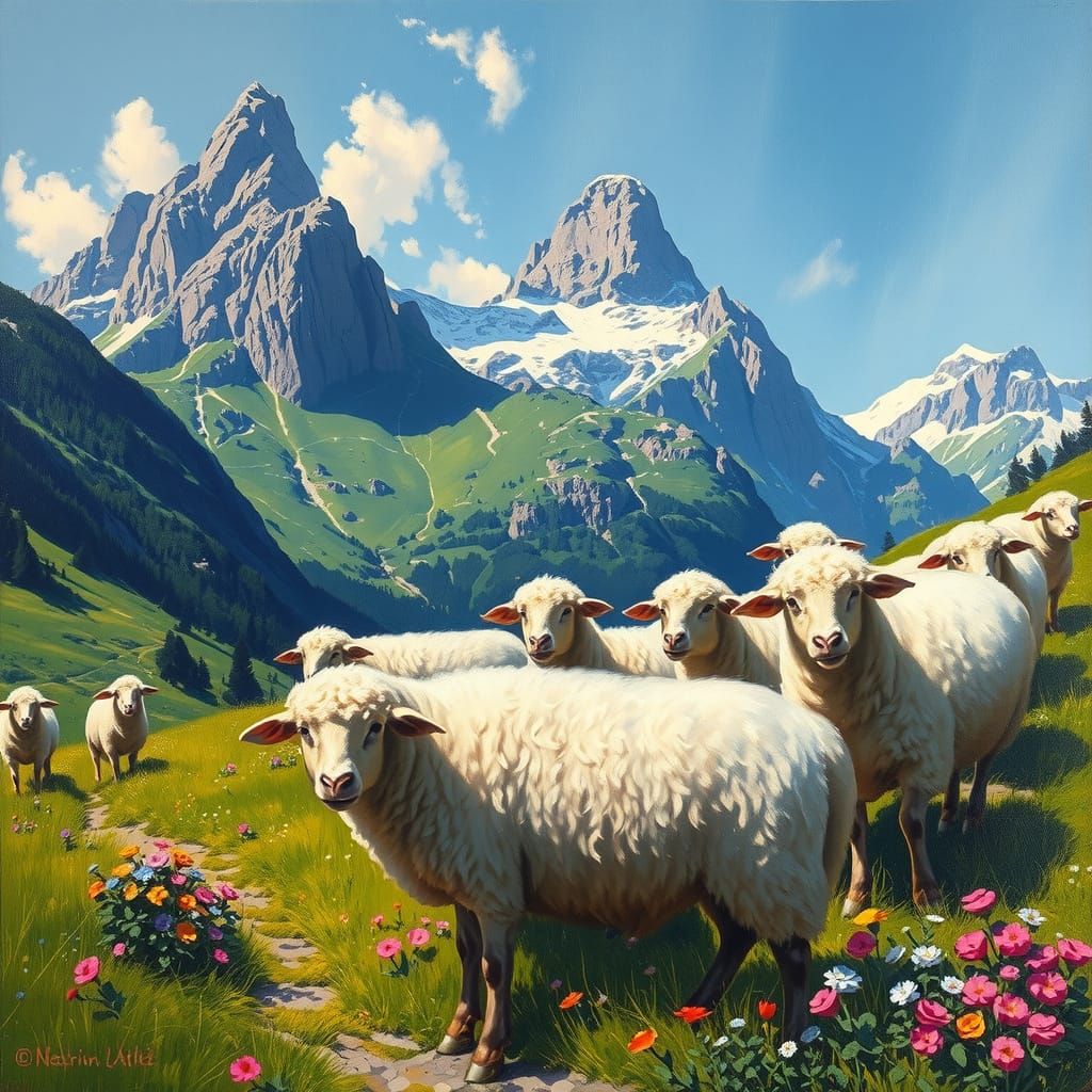 Fluffy Sheep Grazing in Swiss Valley Oil Painting