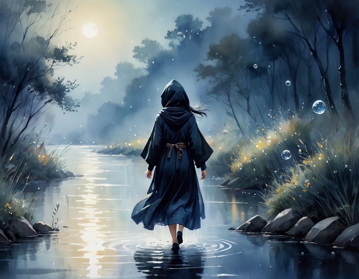 Whimsical Nocturnal Watercolor of a Chinese Lady Running Alo...