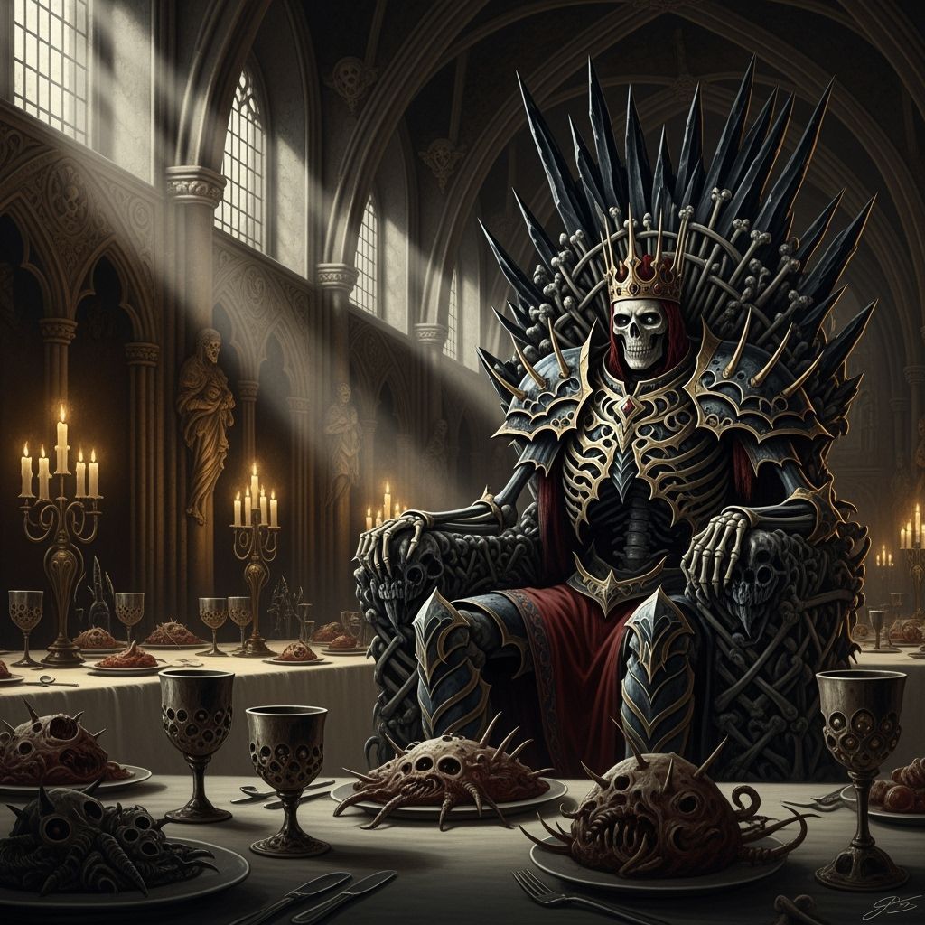 Skeletal King's Macabre Feast in Gothic Hall