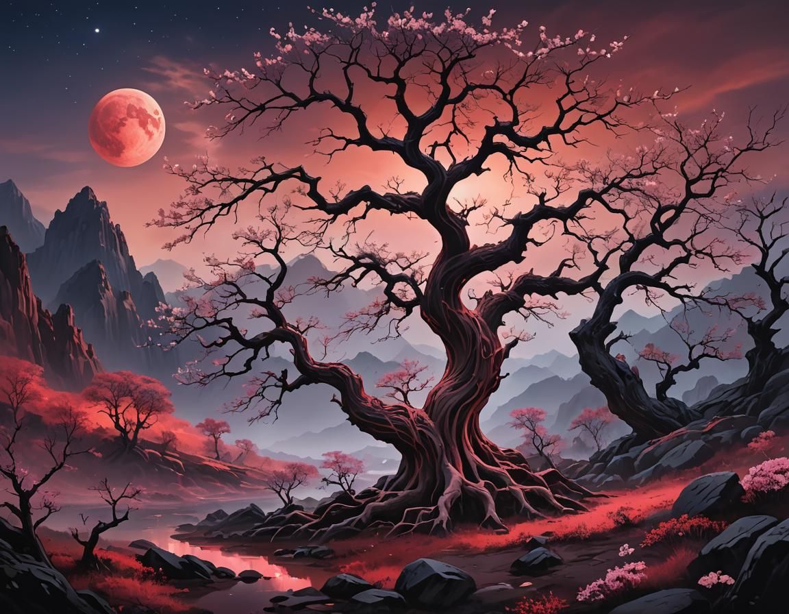 Mystical Landscape Under Red Moonlight