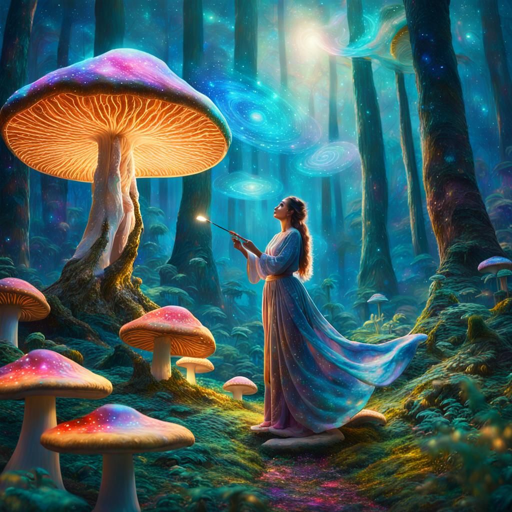 Woman Paints Universe on Mushroom, Fantasy Concept Art