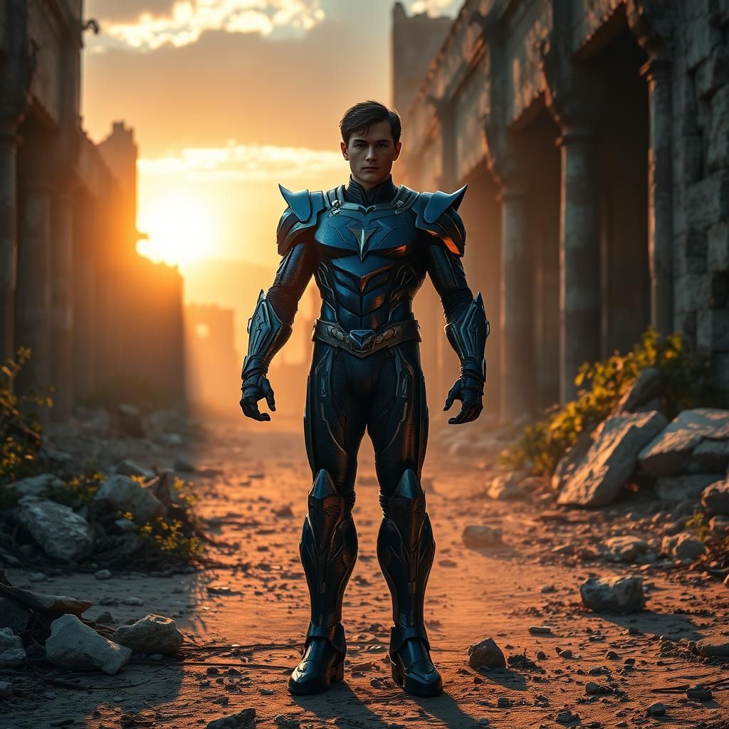 Superboy Prime in Ruins at Sunset: Cinematic Art