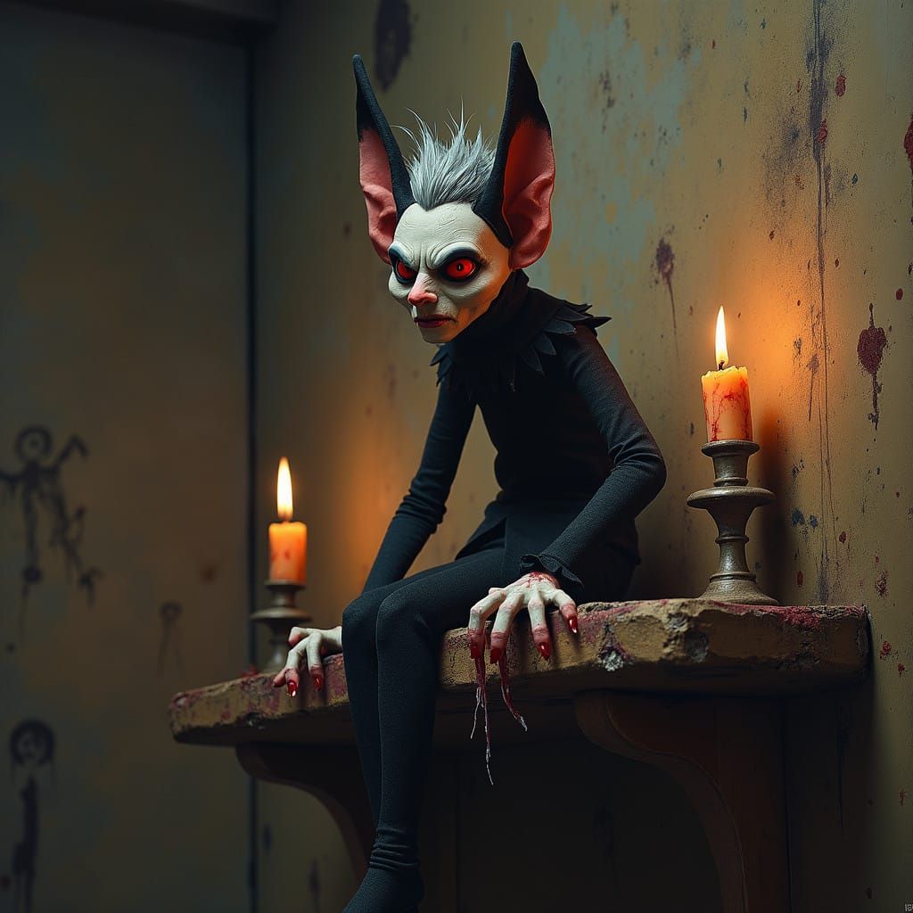 Distorted Elf Figure in Dark, Gothic Attic Scene