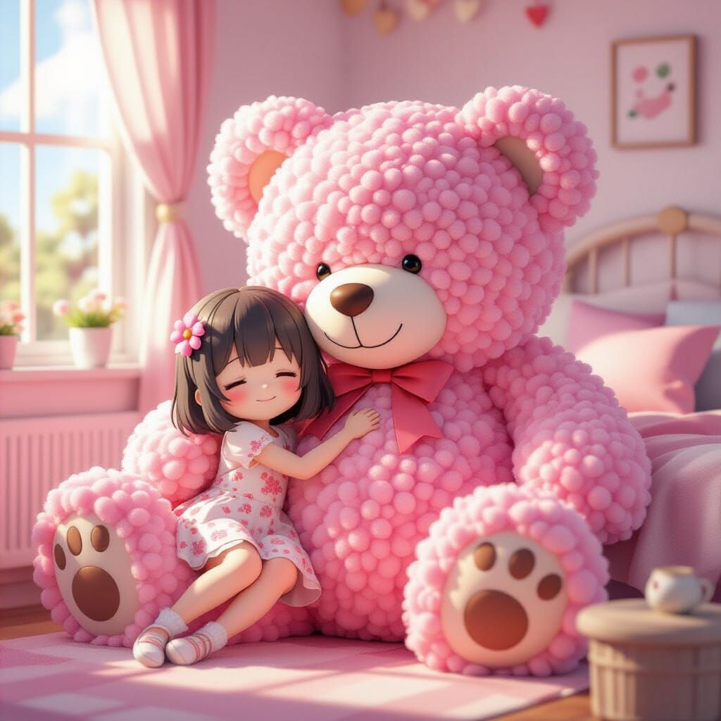 Anime Child Hugging Giant Pom Pom Teddy Bear