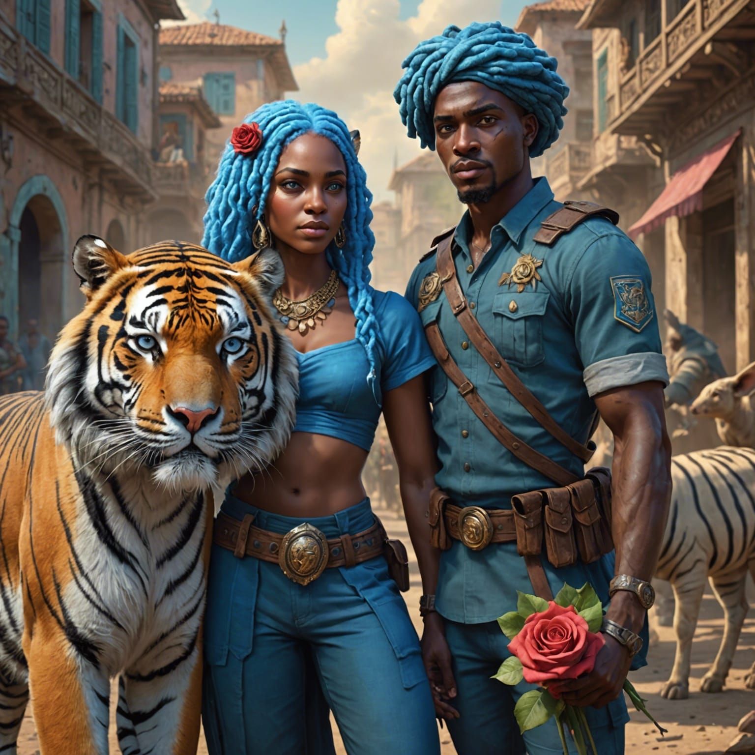 Heroic Tiger-Human Figures with Rose, Hyperdetailed Art