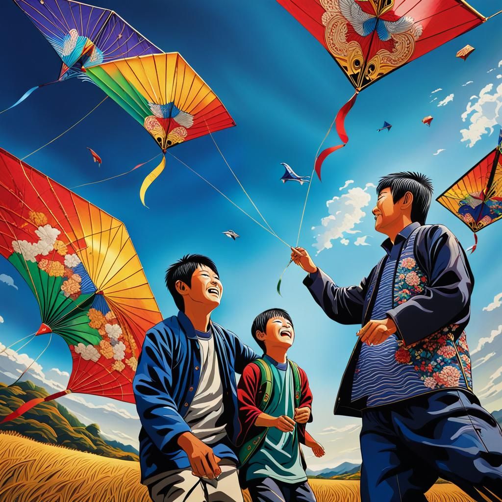 Father and Son Fly Colorful Japanese Kites