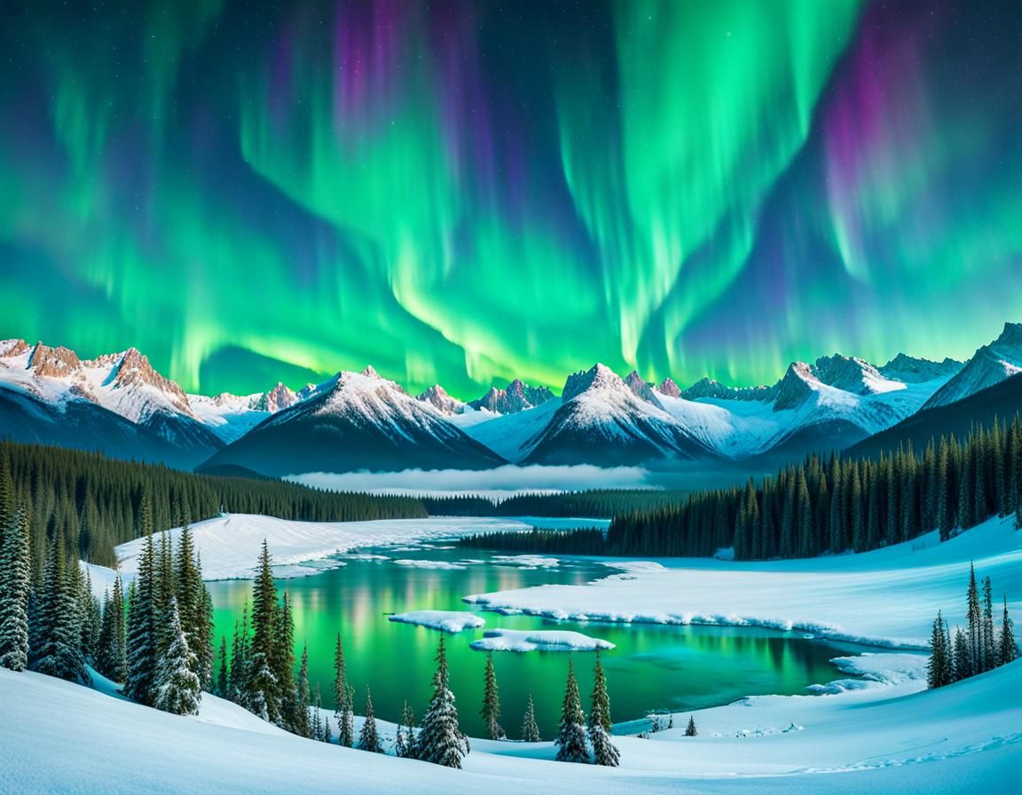Aurora Borealis Illuminates Mountain Village: Fantasy Landsc...