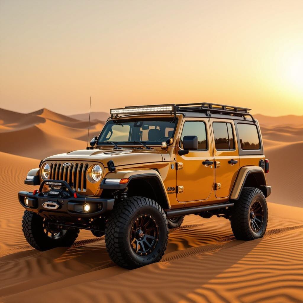 Luxurious Jeep in Desert Sunset, Pastoral Aesthetic