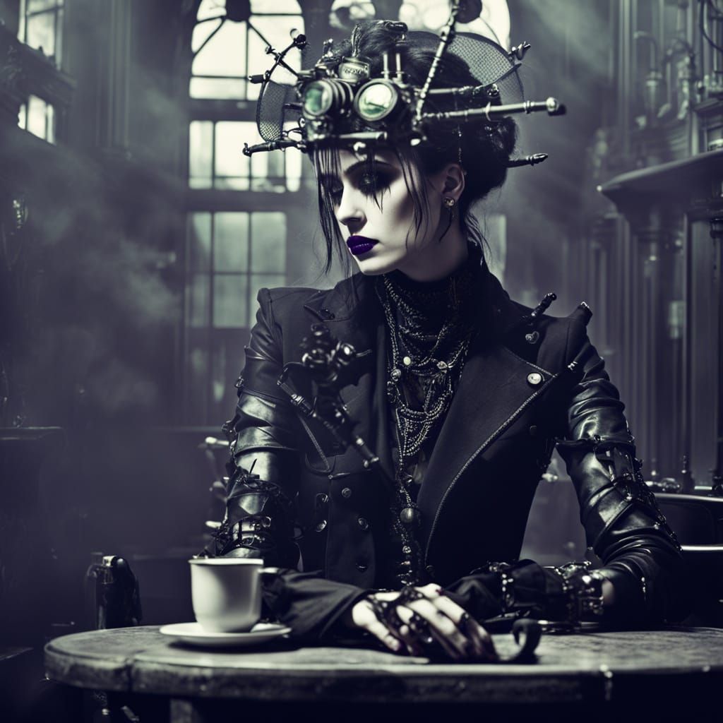 Gothic Model in Dark Coffee Shop: Tim Burton Aesthetic