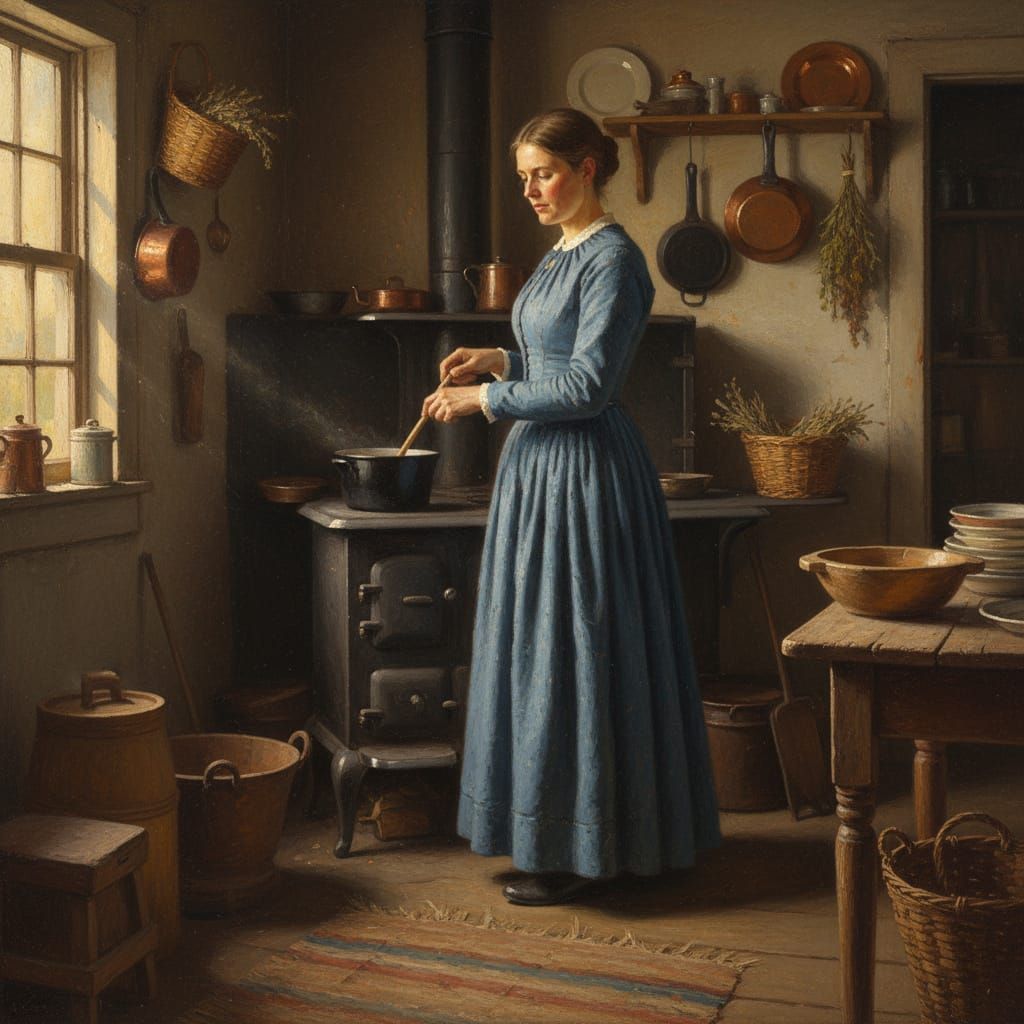 Pioneer Woman Cooking by Wood Stove, Realism Style