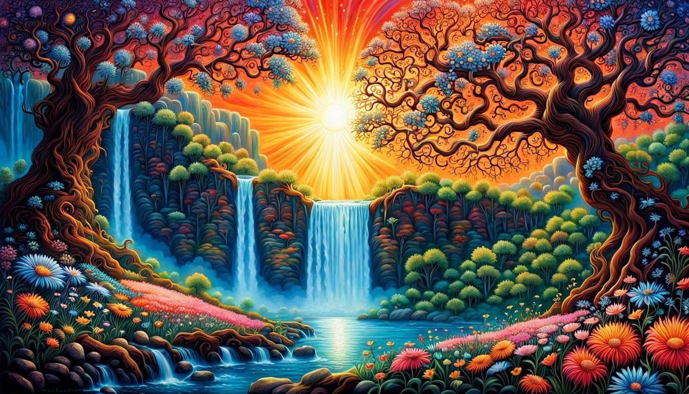 Colorful Tree of Life on Waterfall Cliff