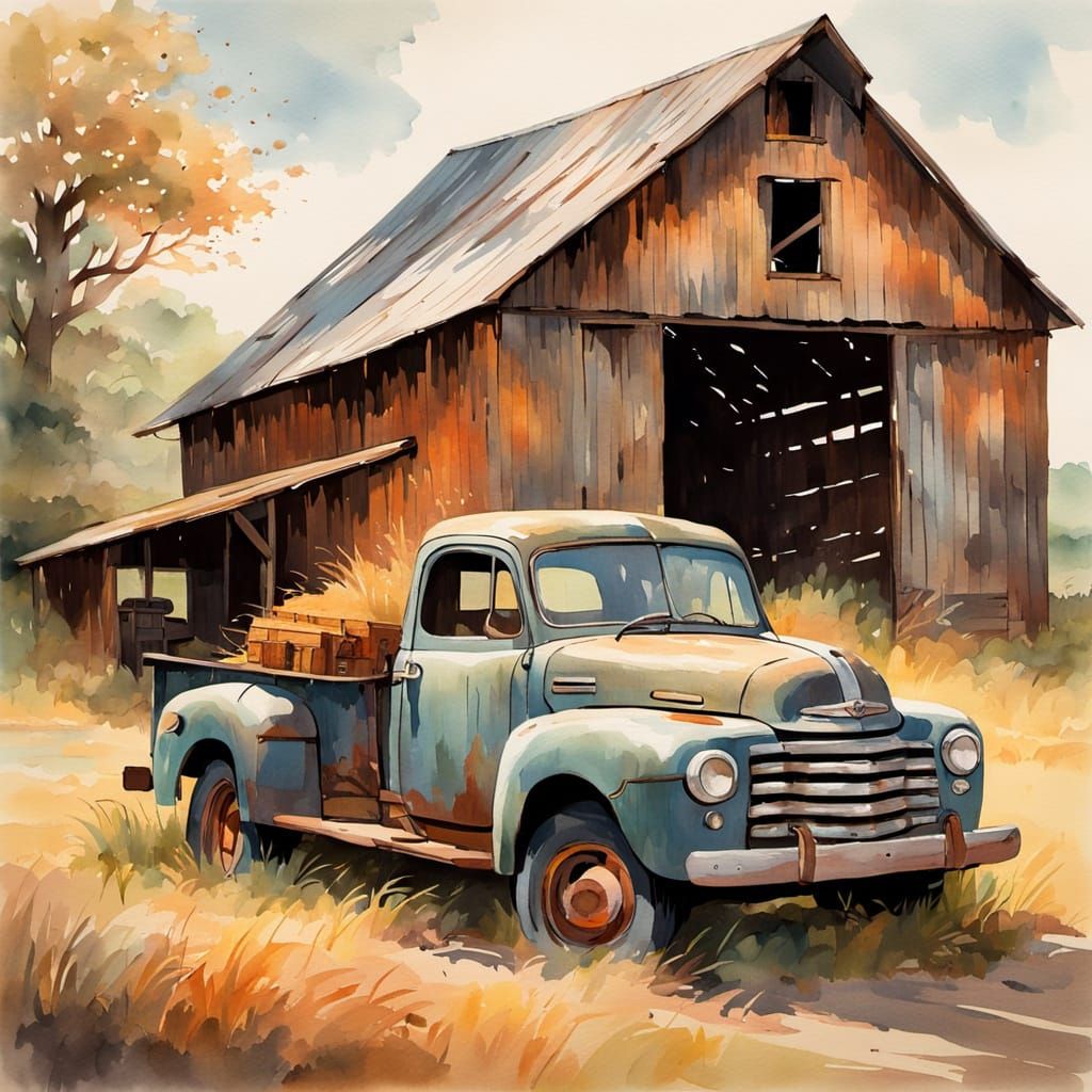 Rustic Barn and Truck in Watercolor Impressionism