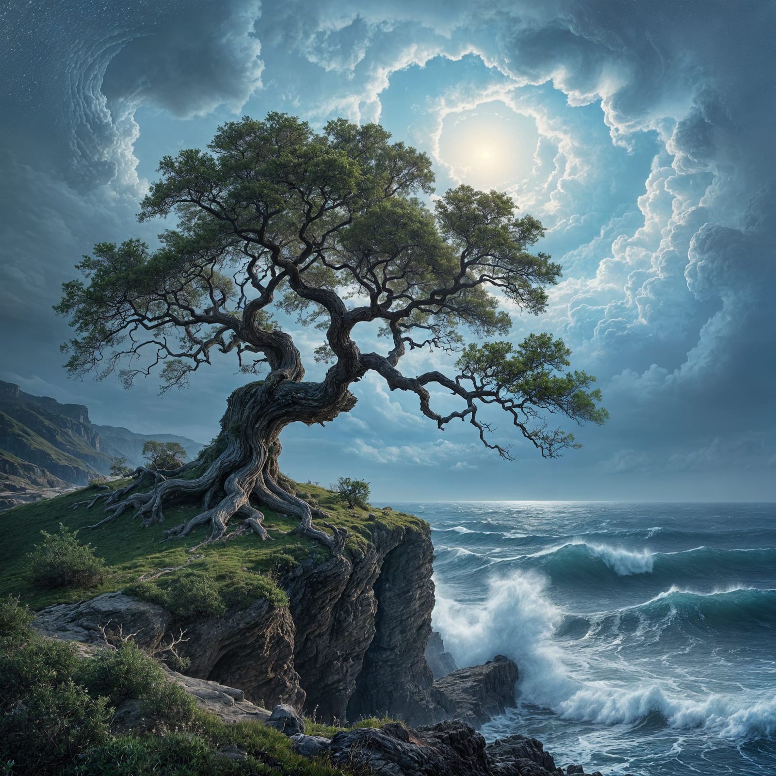 Ancient Oak on Windswept Cliff Overlooking Turbulent Sea