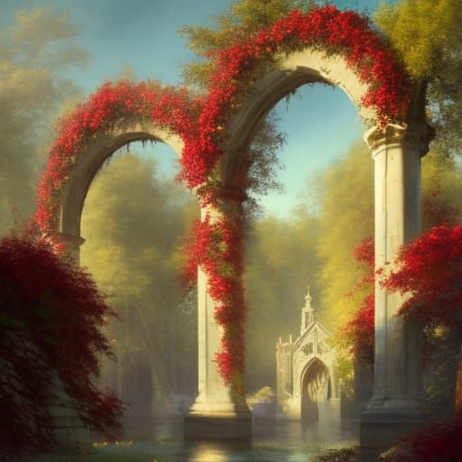 Gothic Victorian Garden with Crimson Roses in Sunlight