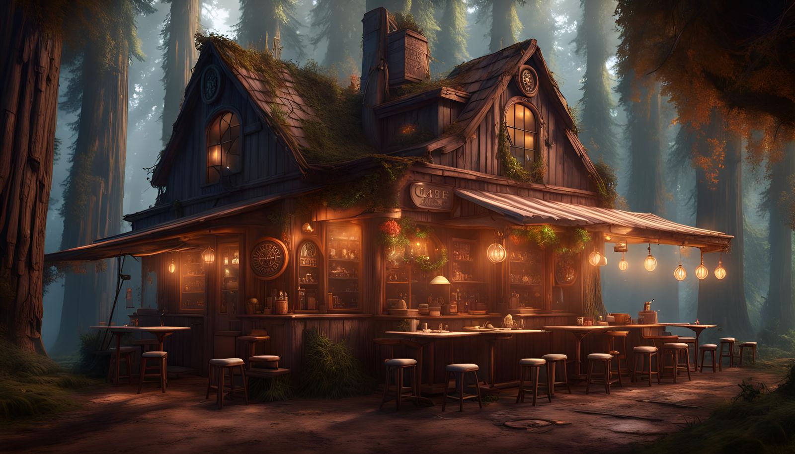 Rustic Cafe in Redwood Forest: Matte Painting