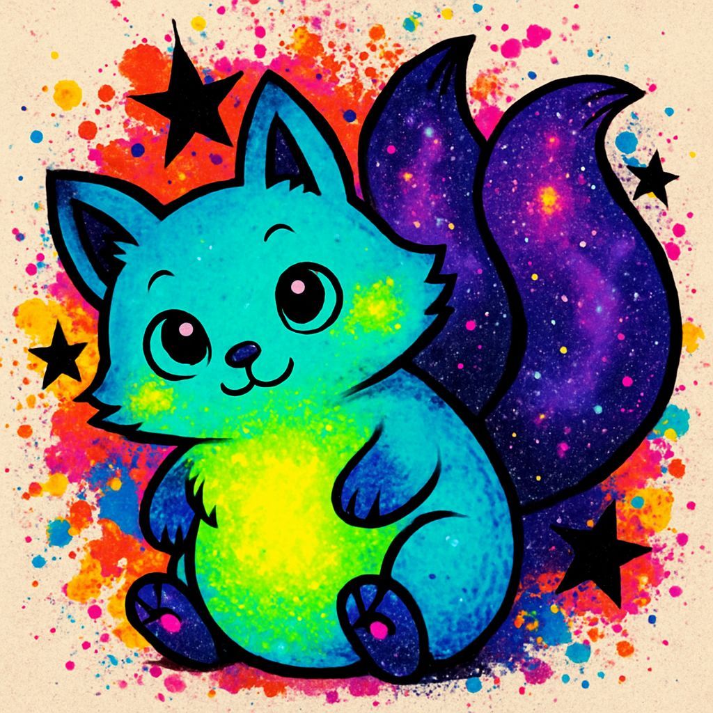 Pop Art Fox with Cosmic Tails and Glowing Fur