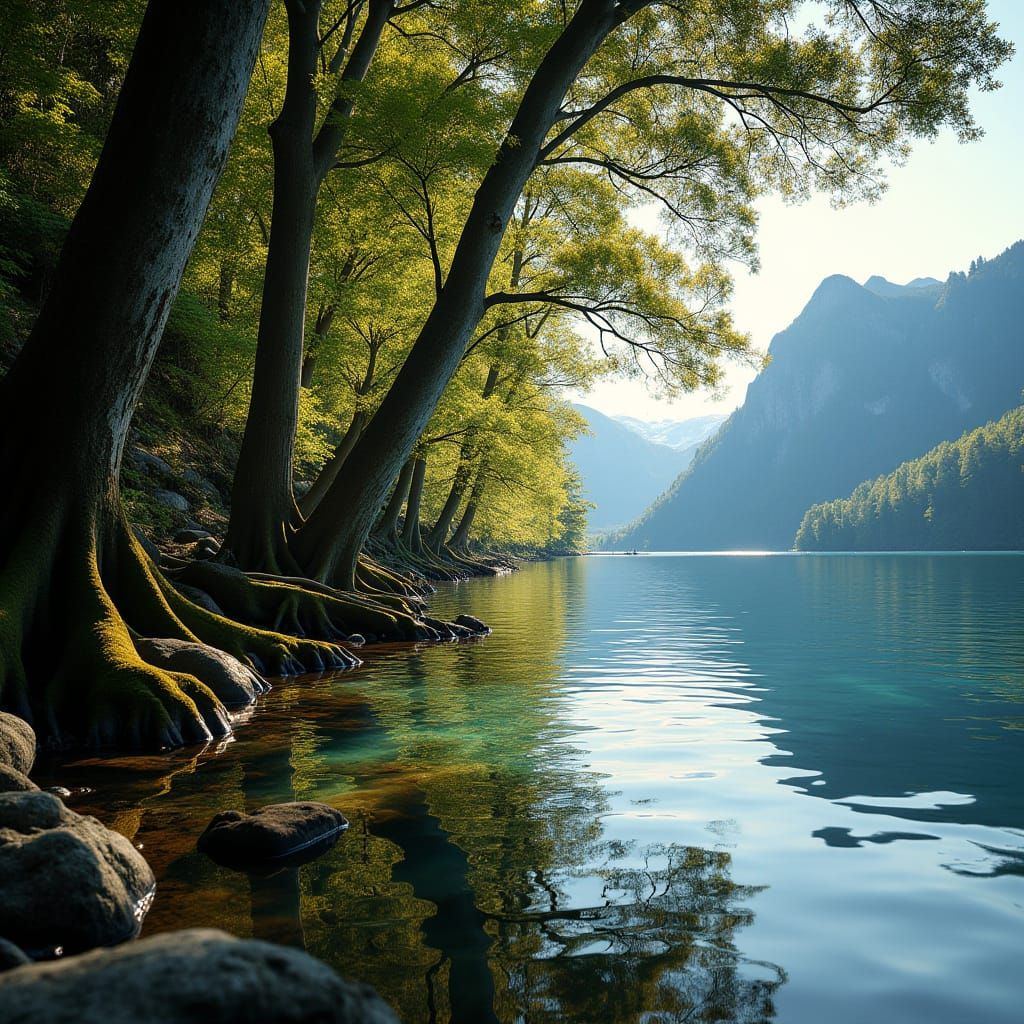 A breathtaking close-up of a tranquil New Zealand lake shore...