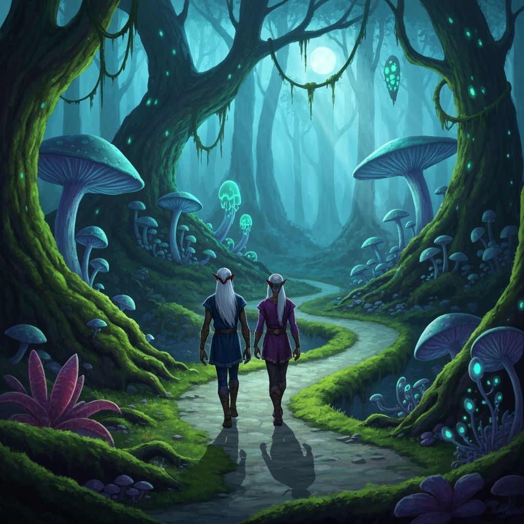 Drow Elves in Enchanted Forest with Bioluminescent Mushrooms