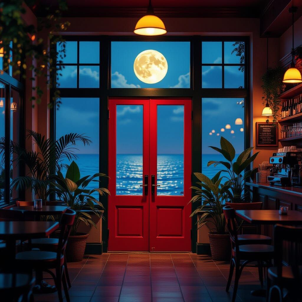 Cozy Coffee Shop Overlooking Dramatic Night Ocean