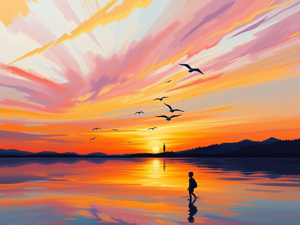 Neo-Impressionist Lake Scene at Sunset